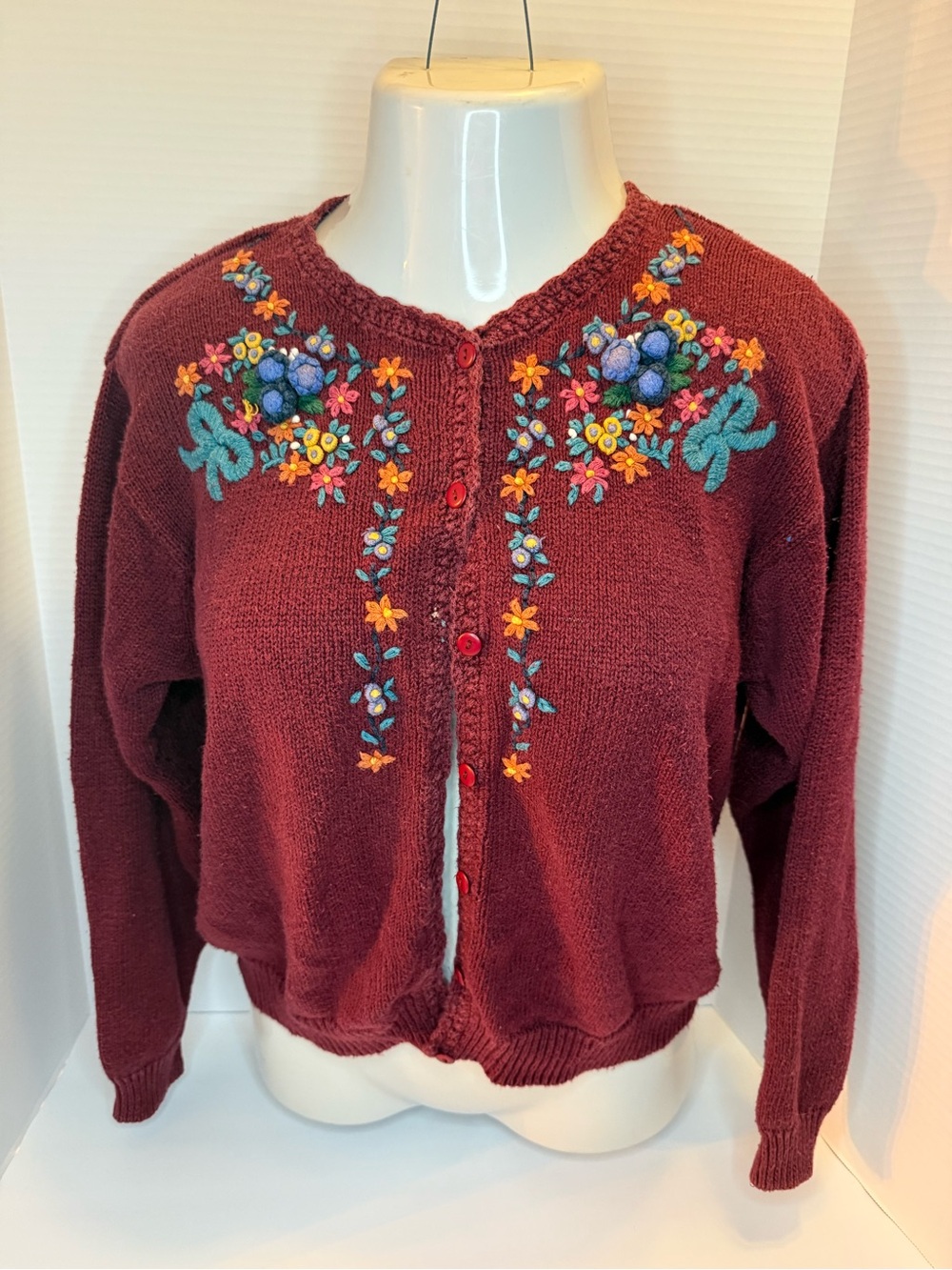 Vintage Floral Embroidered Burgundy Cardigan Sweater